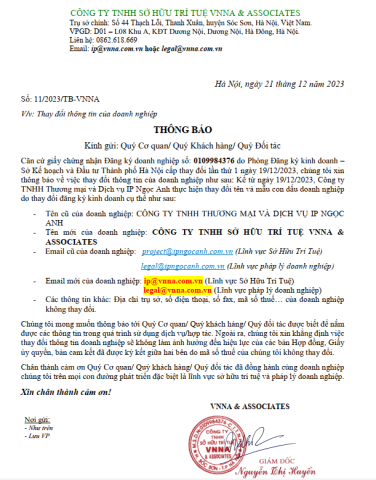 Thông báo cập nhật tên doanh nghiệp IP Ngọc Anh - VNNA